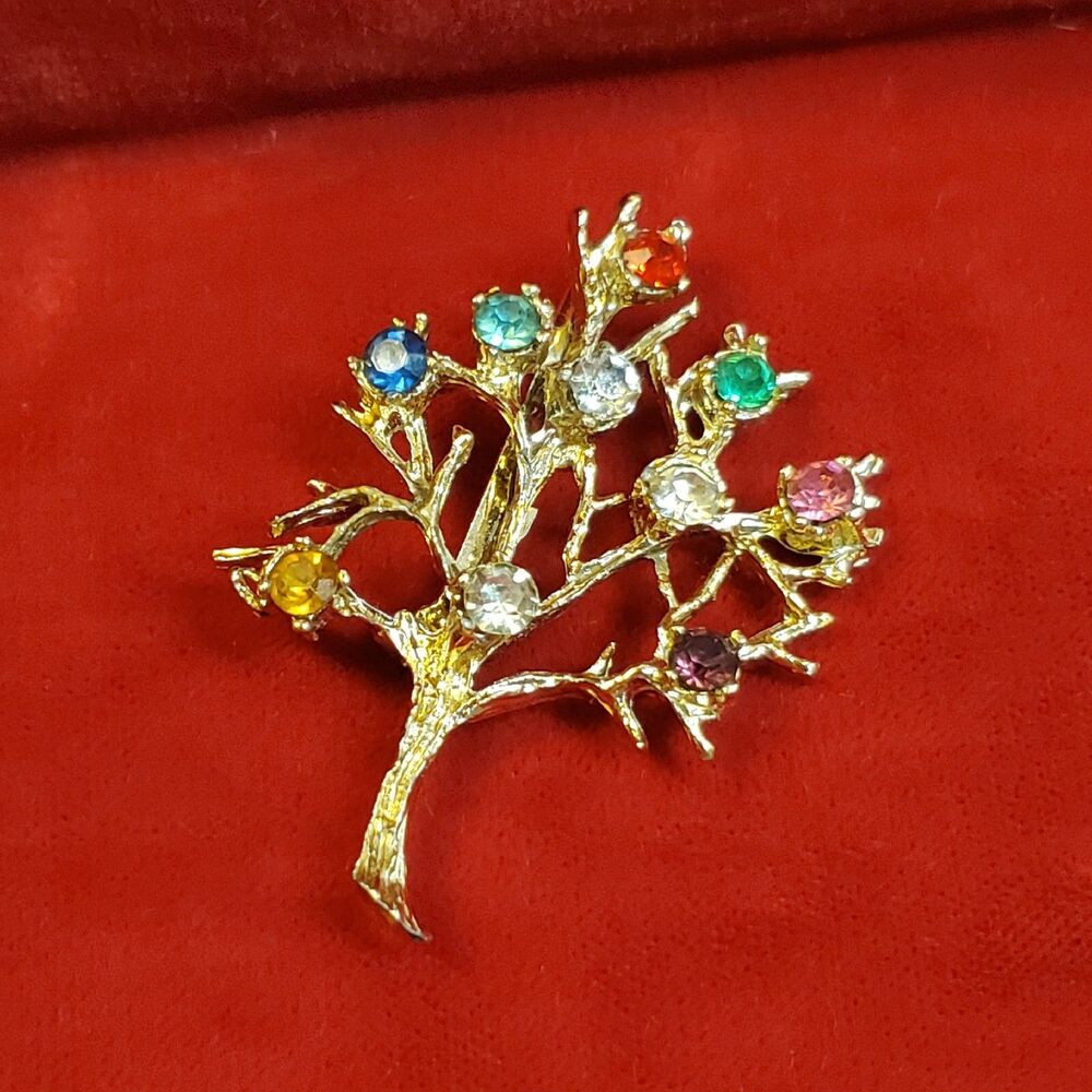 Vintage Tree of Life Family Tree Brooch Pin Costume Goldtone Rhinestones 2"